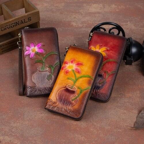 Genuine Leather Wallet Women 2021 Spring New Retro Long Zipper Large Clutch Wallets Card Holder Cowhide Embossed Phone Purses