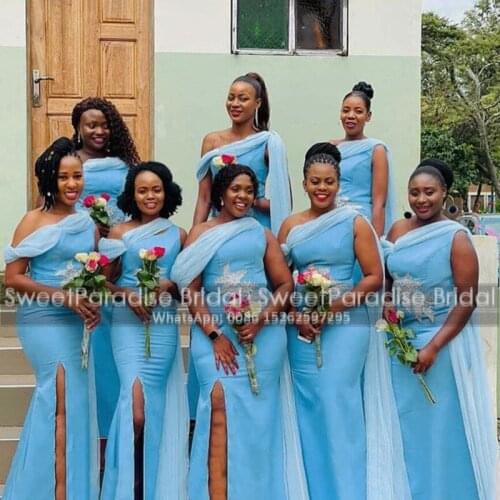 Sky Blue Mermaid Bridesmaid Dresses With Streamer Side Split Off Shoulder Women Long Wedding Guest Dress Formal