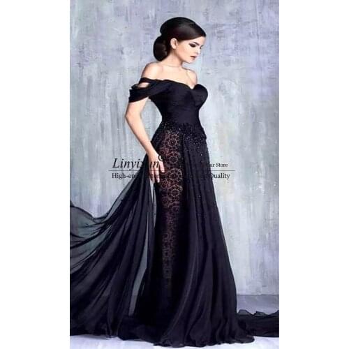 Black Robe Tulle Prom Dresses Long Women Elegant A Line Sweetheart Neck Lace Applique Beaded Formal Long Evening Party Dress