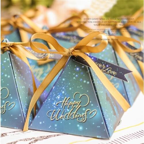 100Pcs Creative Triangular Pyramid Blue Starry Sky Wedding Favors Candy Box Bridal Shower Party Supplies Gift Box Chocolate Box