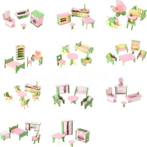 49Pcs 11 Sets Baby Wooden Furniture Dolls House Miniature Child Play Toys Gifts