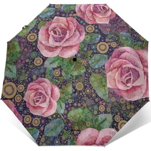 Automatic Umbrella Rain Women Three-folding Umbrella Abstract Roses Art Windproof Umbrella Female Waterproof parasol