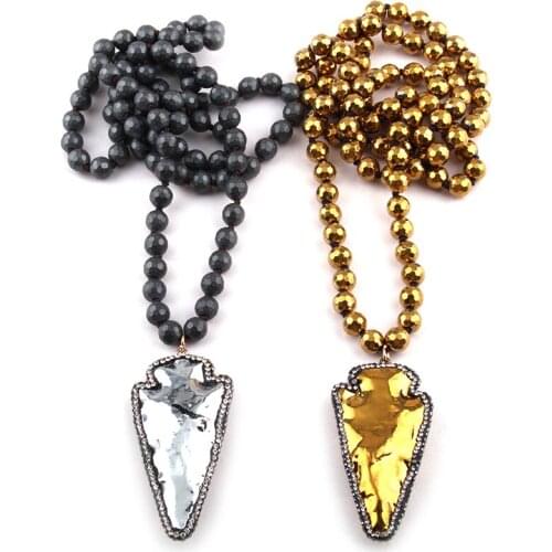 Free Shipping Fashion Faceted Hematite Stone Long Knotted Handmake Paved Arrowhead Pendant Necklaces