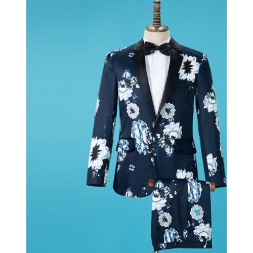 Printing blazer men singer suit set with pants stage fashion formal dress mens wedding suits costume star style dance clothing
