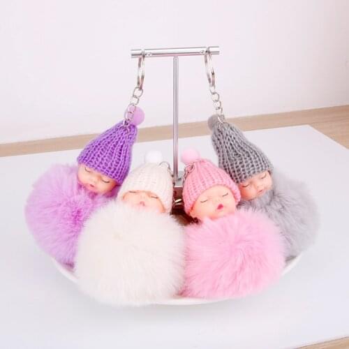 Colorful Sleeping Baby Hanging Key Chains Fluffy Pompom Plush Dolls Girl Women Bag Decoration Cute Key Ring Accessories Gift
