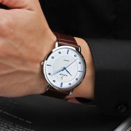 Classic Brown Genuine Leather Quartz Watch For Men WWOOR Top Luxury Brand Fashion Diamond Business Watches Mens Waterproof Clock