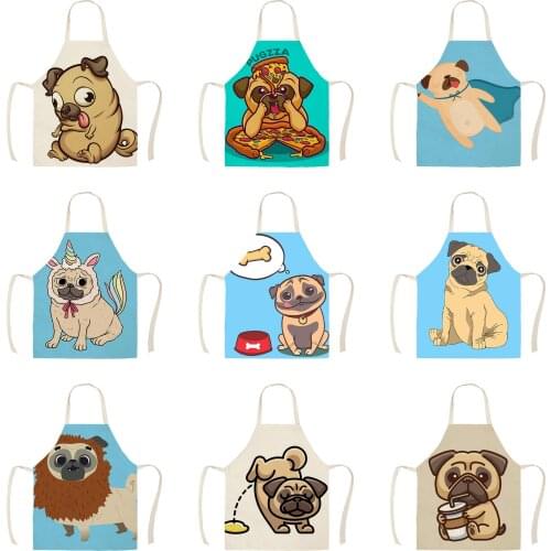 Creative Cute Pug Apron Adult Kitchen Apron Linen Printing Household Cleaning Cooking Antifouling Apron Delantal Fartuchy Chef