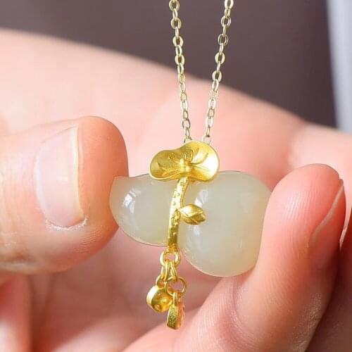 And Tian Yu gold-plated jade retro national style jade gourd Flu double all-pendant pendant female simple collarbone chain