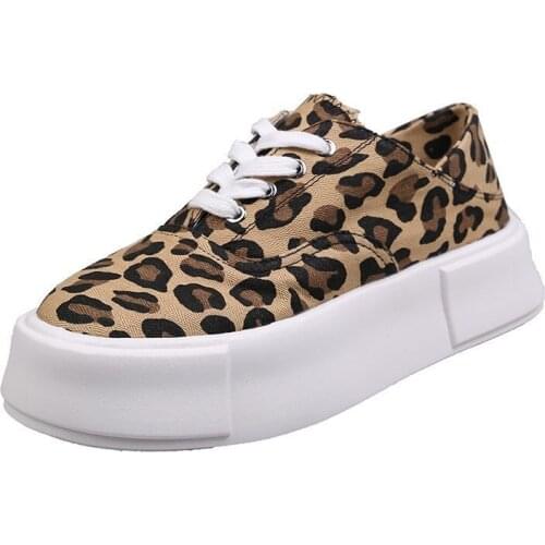 Women Canvas Leopard Flats Shoes Platform Thick Sole Fashion Outdoor Lace Up Summer Autumn Ladies Casual Comfortable