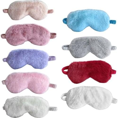 Women Men Cute Cartoon Sleeping Eye Mask Soft Fluffy Thick Plush Imitation Silk Satin Eyeshade Candy Color Travel Elastic Band B