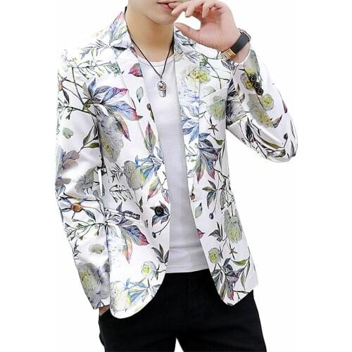 Fashion Youth Flower Jacket Large Size Autumn New Men Suit Blazer Coat White Blue Black Jaqueta Male Slim Fit Outerwear 6xl
