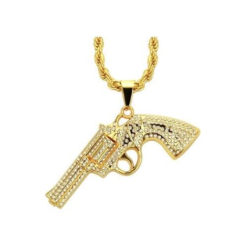 Fashion Jewelry Punk Hip Hop Necklace Mens Crystal Pistol Gun Pendant Necklace