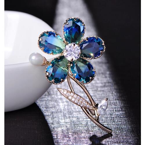 FUNMOR Luxurious Purple CZ Zircon Flower Women Brooch Freshwater Pearls Copper Brooches Hijab Pins Banquet Jewelry Scarf Buckle