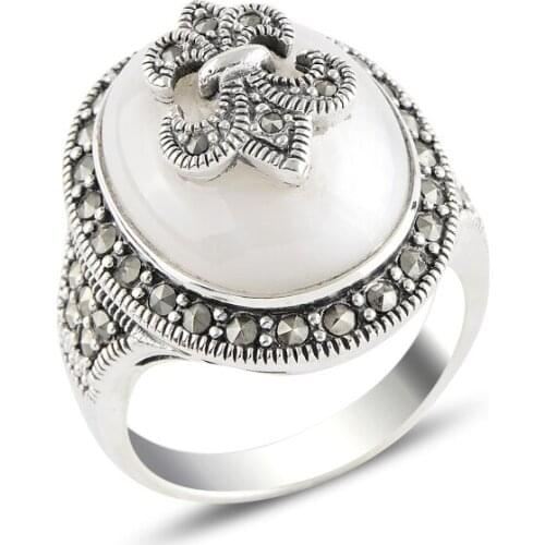 Silver 925 Sterling Pearl & Marcasite Ring