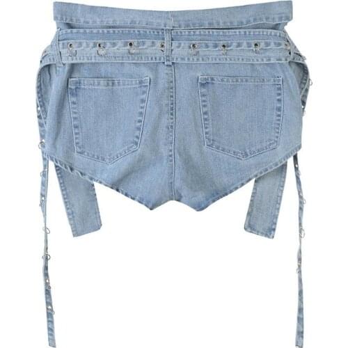 Casual Denim Shorts Womens Sashes High Waist Irregular Short Jeans Streetwear New Summer Harajuku Fashion Female Clothes