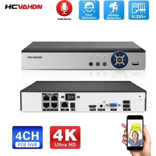 HCVAHDN H.265 4ch POE NVR Security Video Surveillance CCTV System P2P ONVIF 8MP Plug And Play Network Video Recorder XMEYE 4K