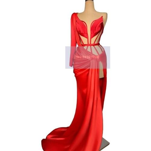 Bright Red Mermaid Evening Dress Floor-Length One Shoulder Cut-Out Prom Dress Robe De Soiree Aibye Night Vestidos 2020 Dubai