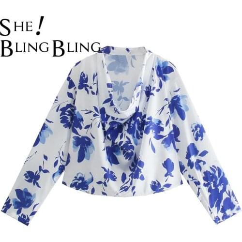 SheBlingBling Za Woman 2021 Tra Blue Print Draped Collar Drop Shoulder Long Sleeve Casual Loose Blouses Female Crop Tops Shirt
