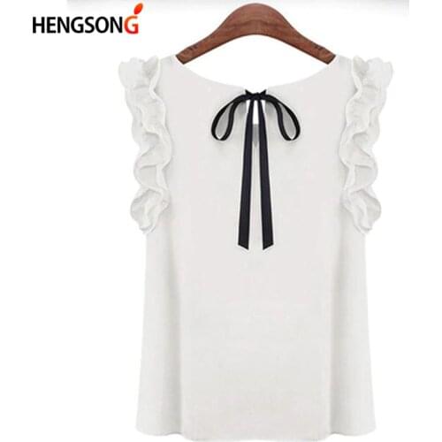 Women Blouse Tops Summer Fashion Lotus Leaf O-Neck Casual Shirt Ladies Bow Tie Chiffon Blouse White Tops 2021 New Womens Shirt