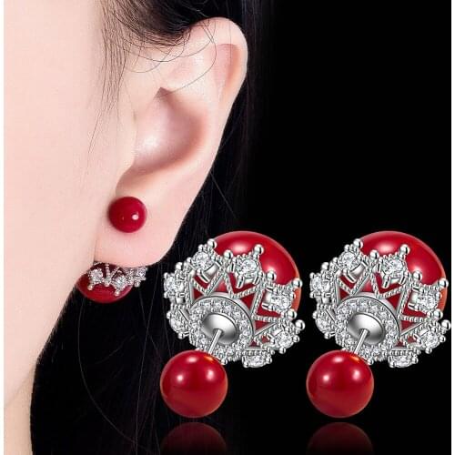 Red double-sided pearl Stud Earrings Fashion Exaggerated Balls Women Jewelry Double Side Lace zircon Pearl Earrings