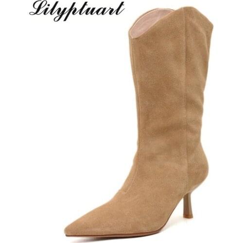 2020 winter womens and calf western boots cow suede material thigh high boots Pointed stiletto full leather womens shoes