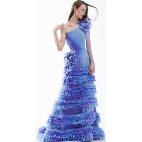 Flroal Tulle Arabic Prom Dresses Onw Shoulder With Handmade Flowers Ruffles Women Pageant Evening Gowns 2021