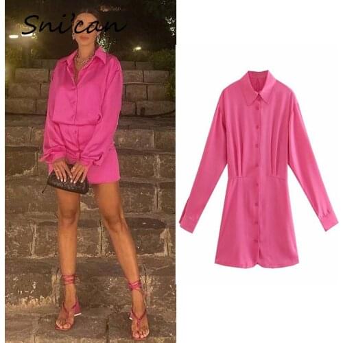 Pink Office Ladies Fashion Shirt Dress Turn Down Collar Long Sleeve Ruched Basic Mini Dresses Za 2021 Women Robe Chemise Femme