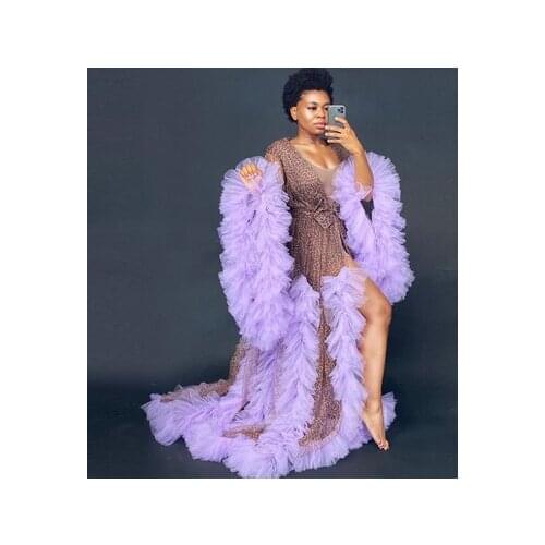 Chic Sexy Tulle Robe Women Long Tulle Dress 2020 Ruffled Leopard Beach Birthday Party Tulle Dresses Customized Real Image