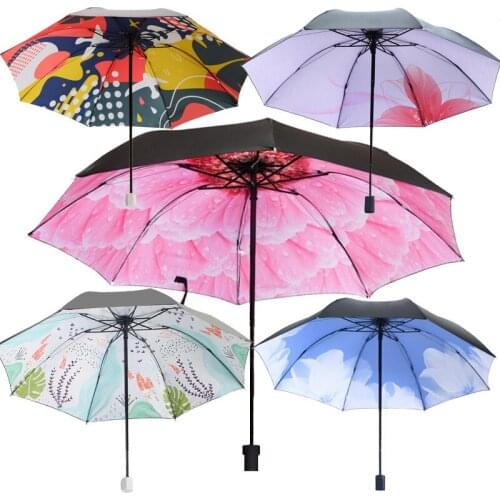 Three folding umbrella Black coating Parasol rain sunny dual-use umbrella inside beauty women umbrella windproof strong umbrella