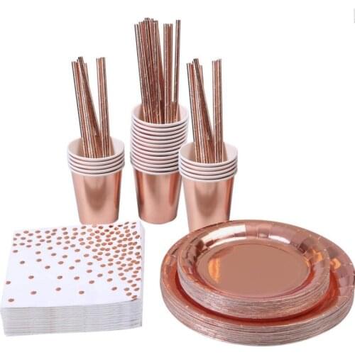 120Pcs Set Rose gold Disposable Tableware Paper Tray Plates Cups Paper Straw Birthday decorate Baby Shower Wedding Party Set