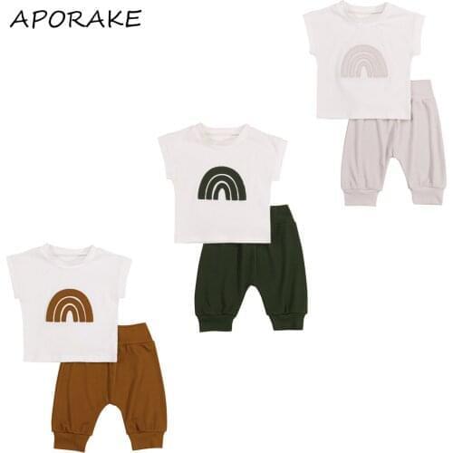 2021 0-5Y Summer Kids Baby Girl Boy Clothing Rainbow Patch Short Sleeve T-shirt+Solid Loose Pants Casual Outfits 2pcs Set