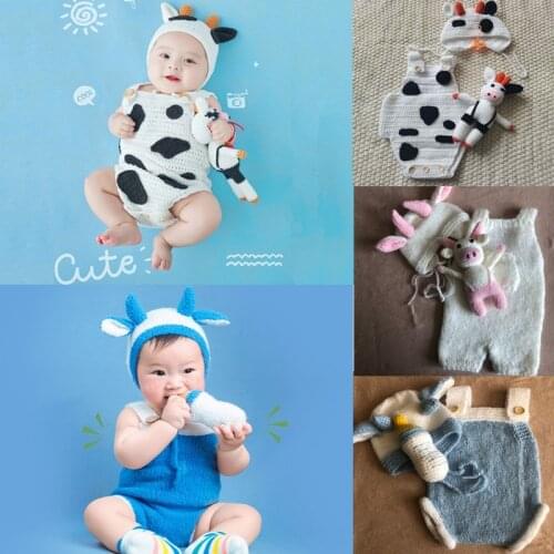 3 Pcs 2021 New Year Newborn Photography Props Costume Suit Cute Cow Outfits Knitted Hat Romper Jumpsuit Doll Accessories