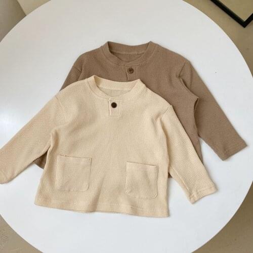 Kids Autumn T Shirts Children Cotton Clothes Casual Tops Toddler Boys Waffle Pocket Tee Shirts Girls Clothing Long Sleeve Tshirt