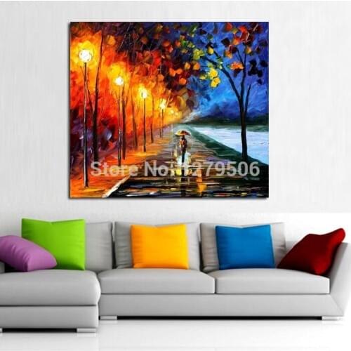 Home Decor 100% Handpainted Lover Rain Street Tree Lamp Landscape Oil Painting On Canvas Wall Art Wall Pictures For Living Room