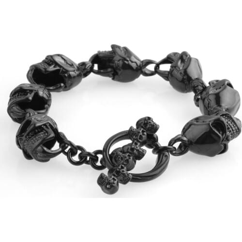 Granny Chic Punk 22cm Long Bracelets For Men Stainless Steel Shiny Black Skull Charm Link Chain Bracelets Mens Gothic Jewelry