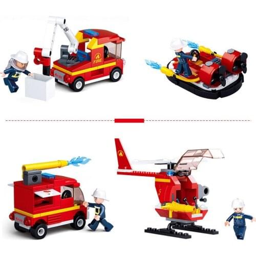 SLUBAN City 4Pcs/Lot Ladder Fire Truck Hovercraft Helicopter MOC Building Blocks Rescue Operation Bricks Classic Model Toys
