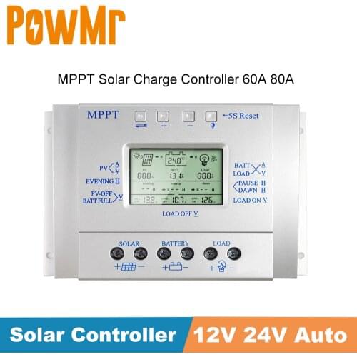 PowMr MPPT Solar Charge Controller 60A 80A 12V 24V Auto Solar Panel Regulator for Max 50V Input All Data In One Display L60 L80