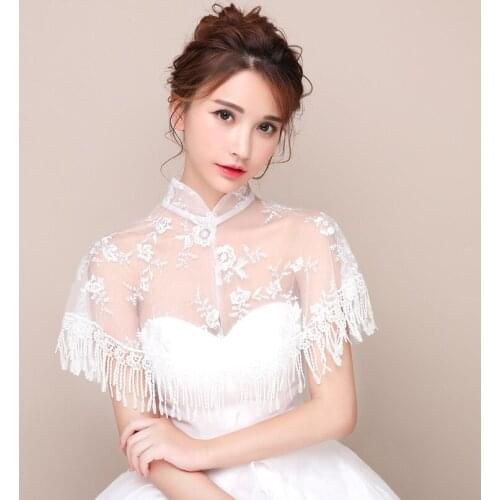 Cute High Neck One Size Bridal Cover Up Lace Bolero with Tassels Women Evening Bolero Bride Capes Mariage