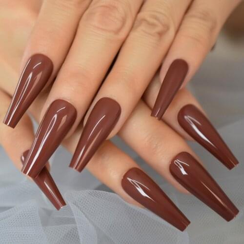 Shiny Pure Color Ballerina Coffin False Nails Dark Brown Super Long UV Full Cover Fake Ballet Nail Reusable Wear
