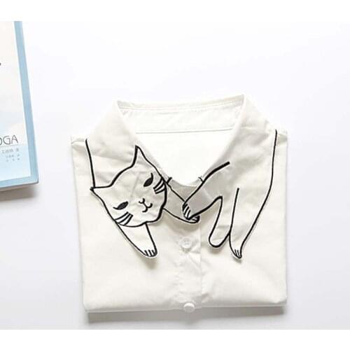 England Retro Original Fake Collar Detachable Lapel Shirt Cute Cat Embroidery White Chiffon Collar Womens Clothing Accessories