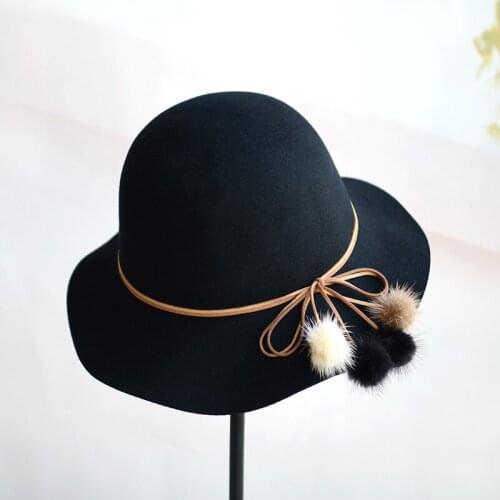 H285 Fall Winter Fedoras Hat Lady Korean Wool Warm Fashion Basin Cap Mink Fur Ball Sweet Pure Color All-match Elegant Woman Hats