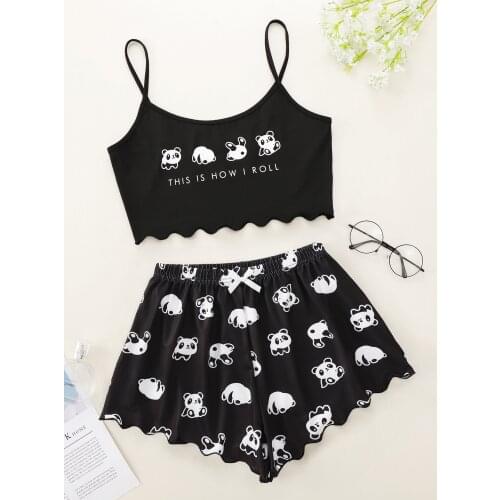 Sexy Sleeveless Crop Vest Elastic Waist Short Pants Pajama Set Cartoon Panda Print Camisole With Shorts Sleepwear Home Wear
