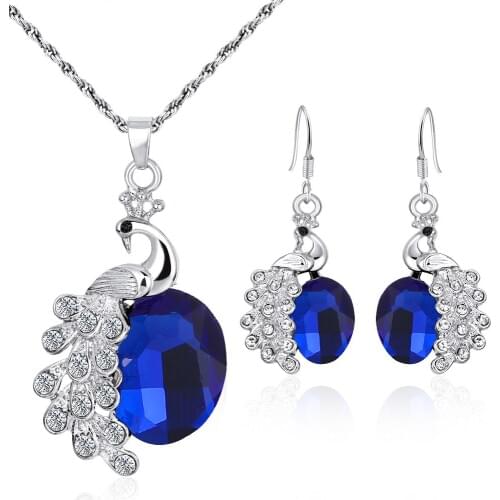 Gifts Sales Luxury Peacock Animal Design New Fashion Silver Color Filled Colorful Austrian Crystal Drop Jewelry Sets Women