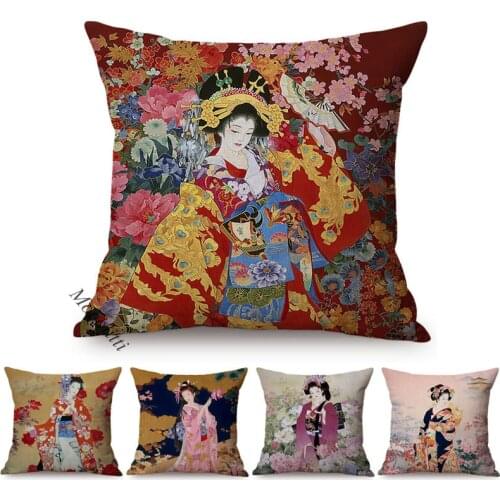Beautiful Japan Ethnic Tradition Woman Portrait Cushion Cover Vintage Water Color Art Decoration Sofa Throw Pillow Cover Cojines