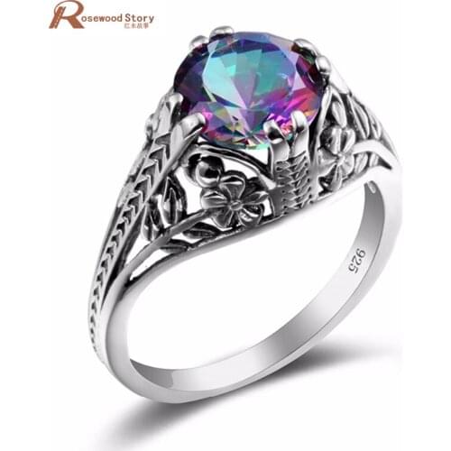 Retro Charm Ring Handmade Rainbow Fire Mystic Lab Topza Crystal Ring Oval Concave Cut Solid 925 Sterling Silver Ring Vintage