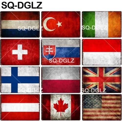 [SQ-DGLZ]Flag Metal Sign Netherland/Turkey/Ireland/Switzerland/Slovakia/Indonesia/Britain/Austria/Canada/America Crafts Plaques