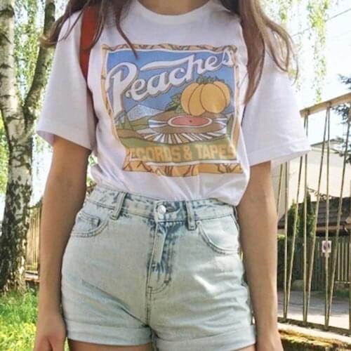 Unisex Vintage Fashion Peaches Records Tapes T-Shirt Hipsters Grunge Style Graphic Tee