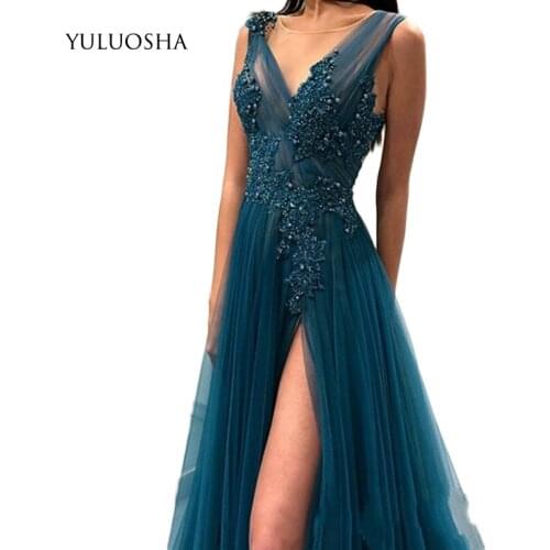 YULUOSHA Sexy Long Prom Dresses V-Neck High Slit Appliqued Tulle Backless Long Evening Party Gowns for Women Vestidos