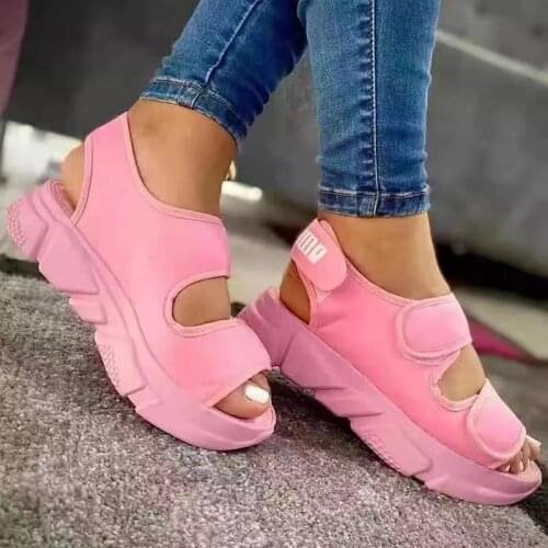 2021 Womens Shoes New Summer Sandals Thick-soled Thick-soled Flat Shoes Ladies Wedge Sandals Velcro Casual Womens Shoes