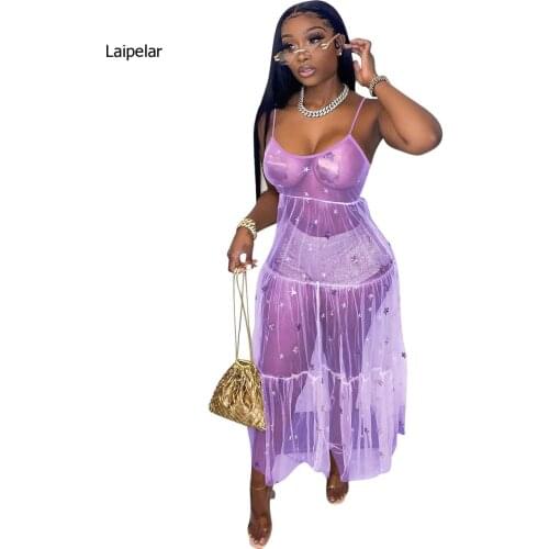 Women Dress Mesh See-through Sleeveless Strap O-neck Sequins Loose Long Maxi Dresses Sexy Outfit Summer New Fashion